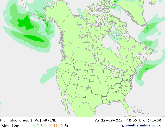 High wind areas ARPEGE Dom 22.09.2024 18 UTC