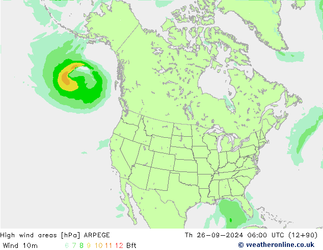 High wind areas ARPEGE gio 26.09.2024 06 UTC