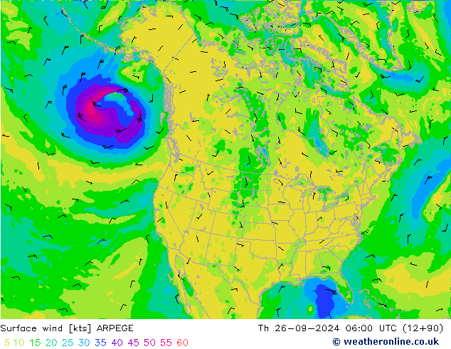 Vento 10 m ARPEGE gio 26.09.2024 06 UTC