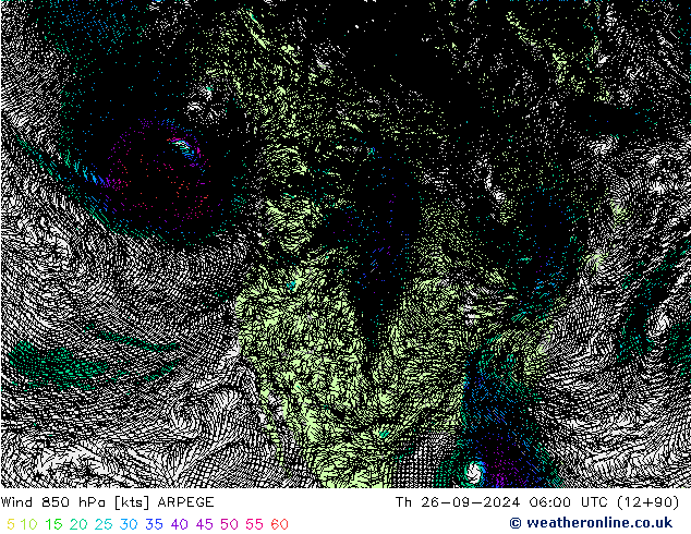 Vento 850 hPa ARPEGE gio 26.09.2024 06 UTC