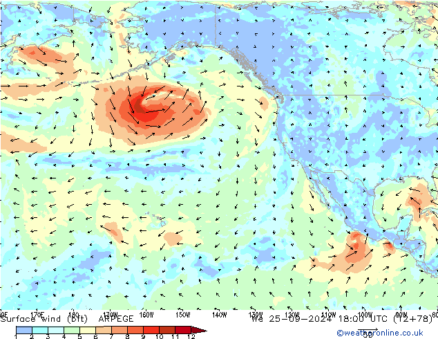 Rüzgar 10 m (bft) ARPEGE Çar 25.09.2024 18 UTC