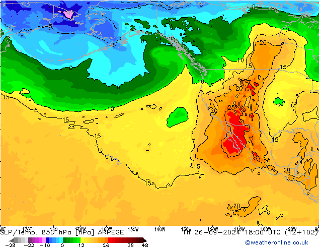 SLP/Temp. 850 hPa ARPEGE Th 26.09.2024 18 UTC