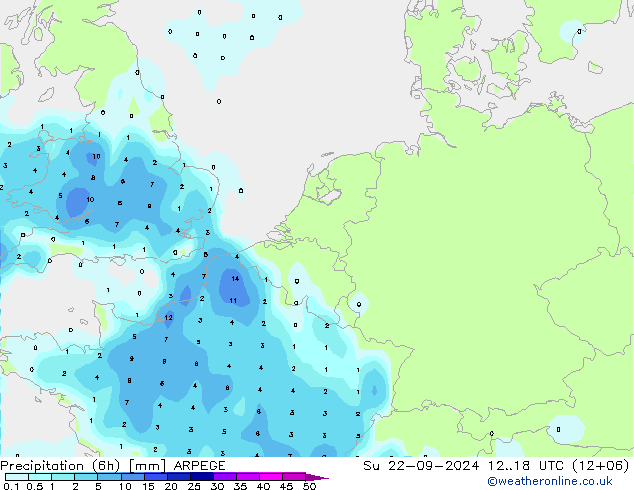 Precipitation (6h) ARPEGE Ne 22.09.2024 18 UTC