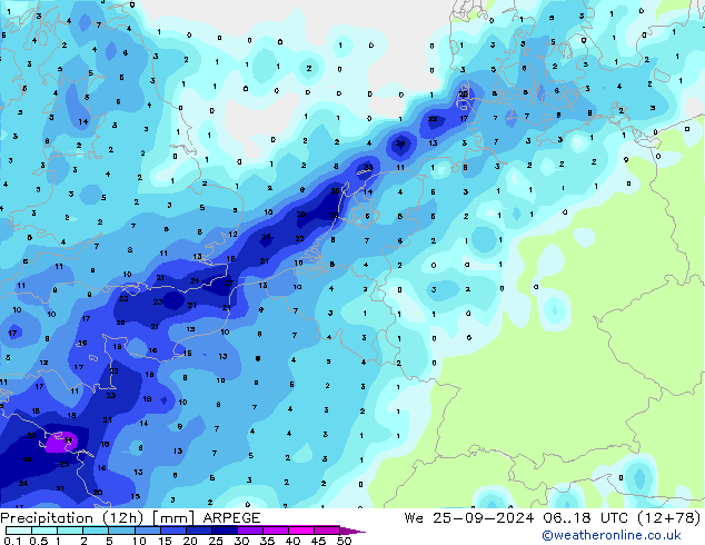 Precipitação (12h) ARPEGE Qua 25.09.2024 18 UTC