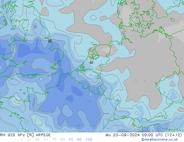 RH 925 hPa ARPEGE Mo 23.09.2024 00 UTC