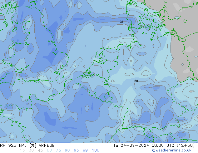 RH 925 hPa ARPEGE Tu 24.09.2024 00 UTC