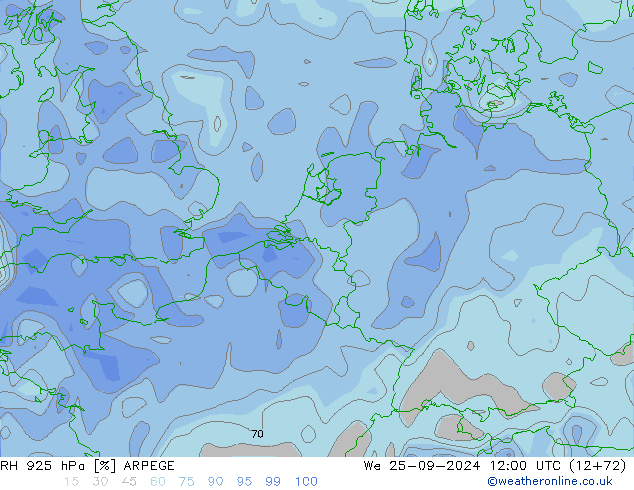 RH 925 hPa ARPEGE Qua 25.09.2024 12 UTC