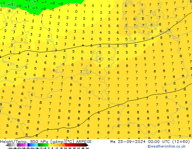 Height/Temp. 850 hPa ARPEGE Mi 25.09.2024 00 UTC