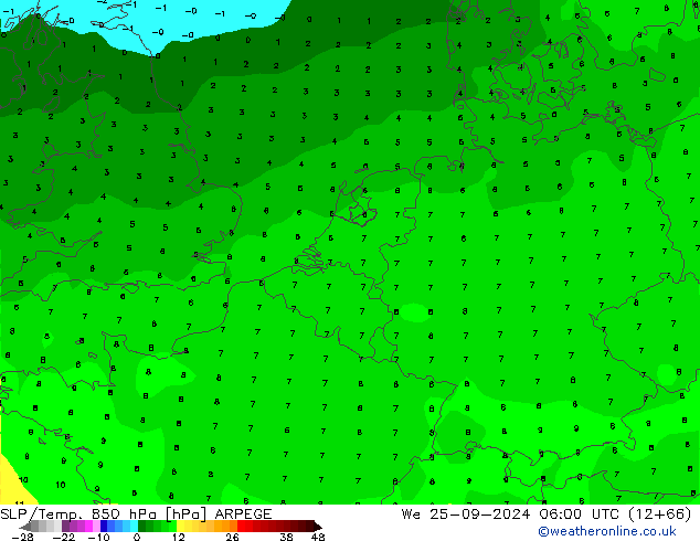 SLP/Temp. 850 hPa ARPEGE Mi 25.09.2024 06 UTC