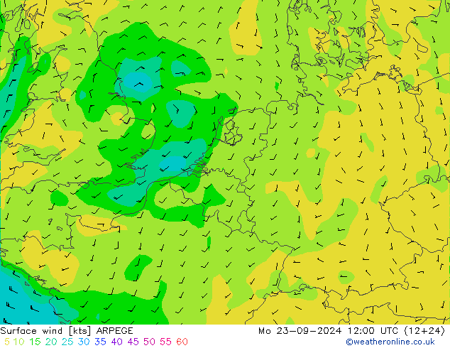 Viento 10 m ARPEGE lun 23.09.2024 12 UTC