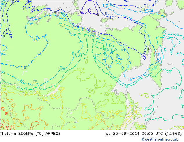 Theta-e 850hPa ARPEGE mer 25.09.2024 06 UTC