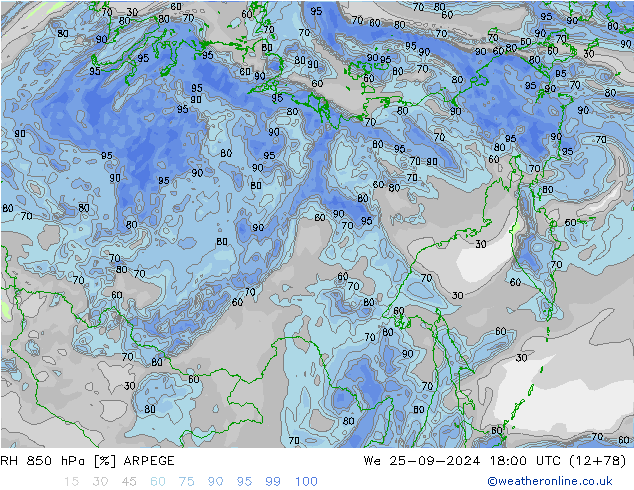 RH 850 hPa ARPEGE Qua 25.09.2024 18 UTC