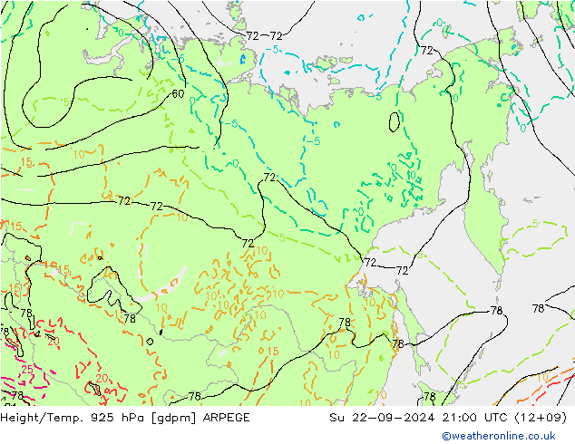 Height/Temp. 925 hPa ARPEGE nie. 22.09.2024 21 UTC