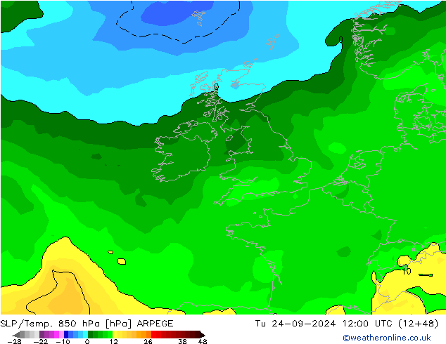 SLP/Temp. 850 hPa ARPEGE di 24.09.2024 12 UTC