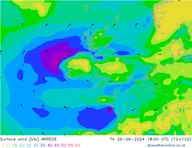 Wind 10 m ARPEGE do 26.09.2024 18 UTC