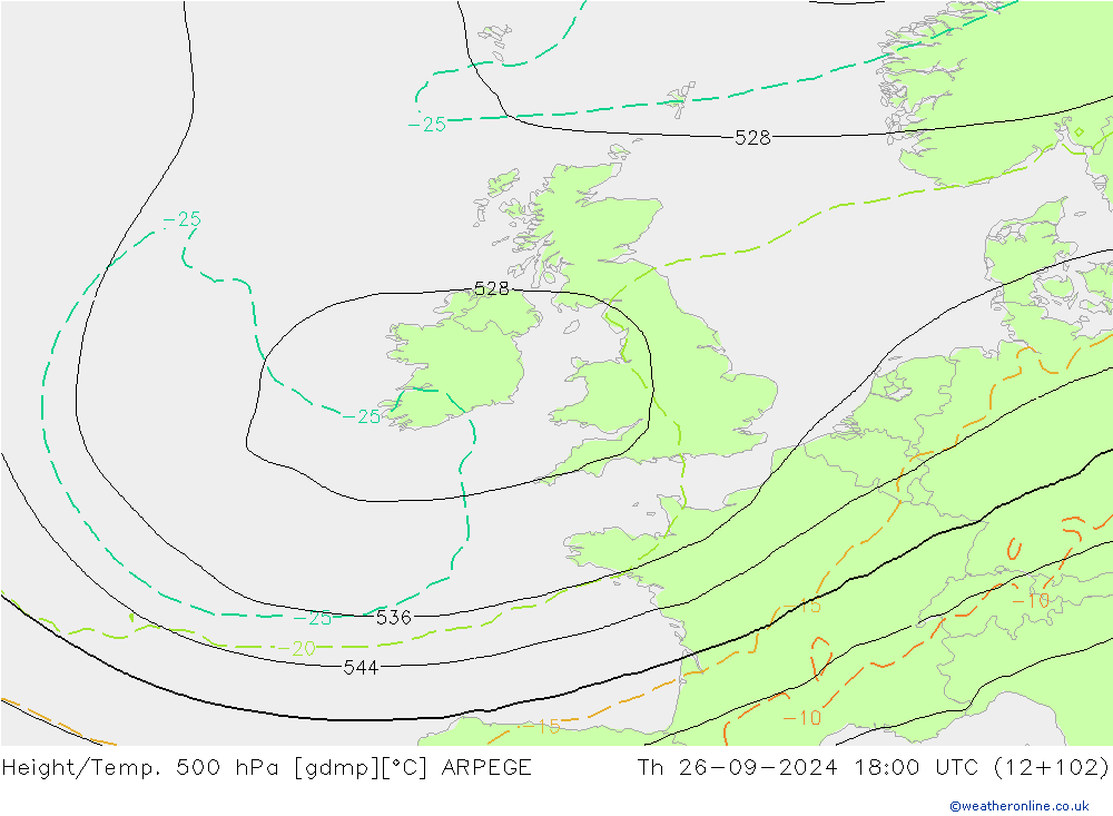 Height/Temp. 500 hPa ARPEGE Čt 26.09.2024 18 UTC