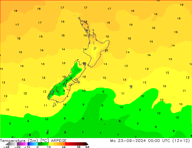 Temperature (2m) ARPEGE Po 23.09.2024 00 UTC