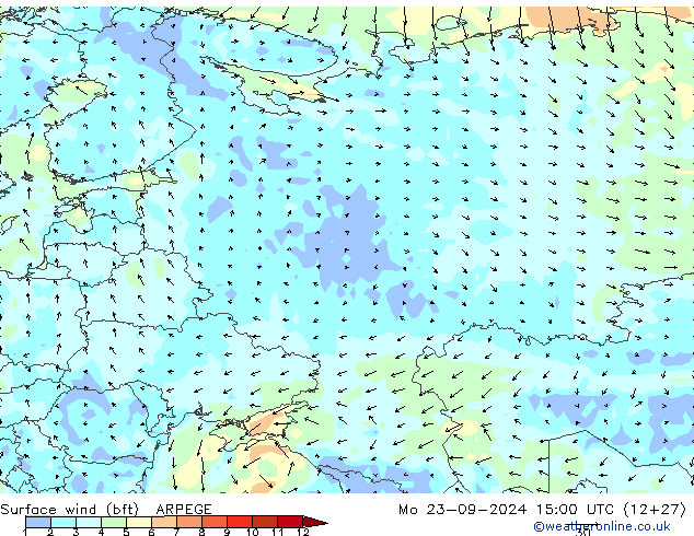 Surface wind (bft) ARPEGE Mo 23.09.2024 15 UTC