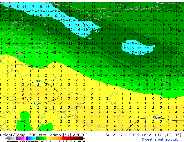 Height/Temp. 700 hPa ARPEGE Su 22.09.2024 18 UTC