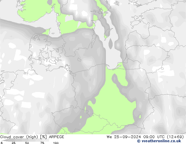 Cloud cover (high) ARPEGE We 25.09.2024 09 UTC