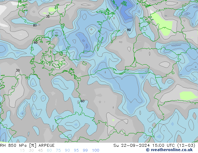 RH 850 hPa ARPEGE Su 22.09.2024 15 UTC