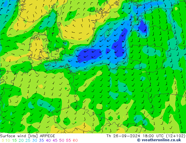 Surface wind ARPEGE Čt 26.09.2024 18 UTC