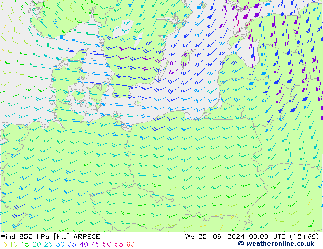 Wind 850 hPa ARPEGE wo 25.09.2024 09 UTC