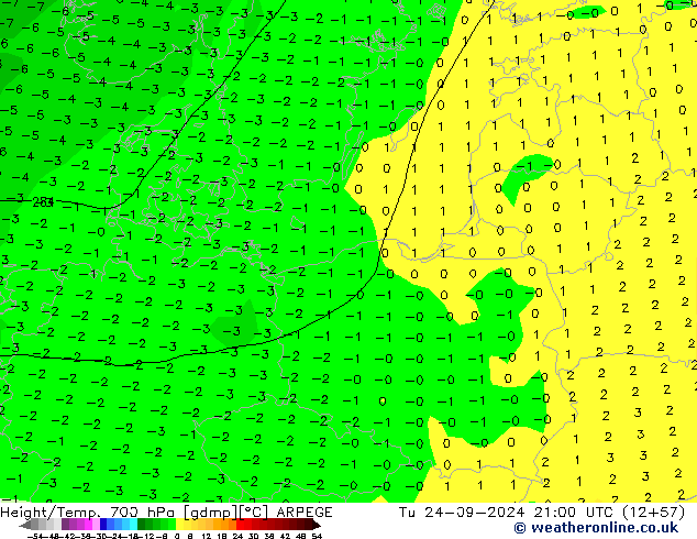 Height/Temp. 700 гПа ARPEGE вт 24.09.2024 21 UTC