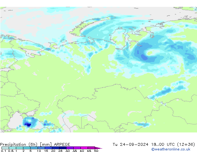 осадки (6h) ARPEGE вт 24.09.2024 00 UTC