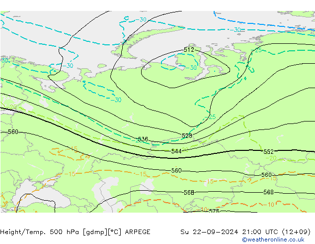 Height/Temp. 500 hPa ARPEGE Ne 22.09.2024 21 UTC