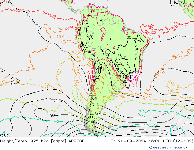 Height/Temp. 925 hPa ARPEGE  26.09.2024 18 UTC