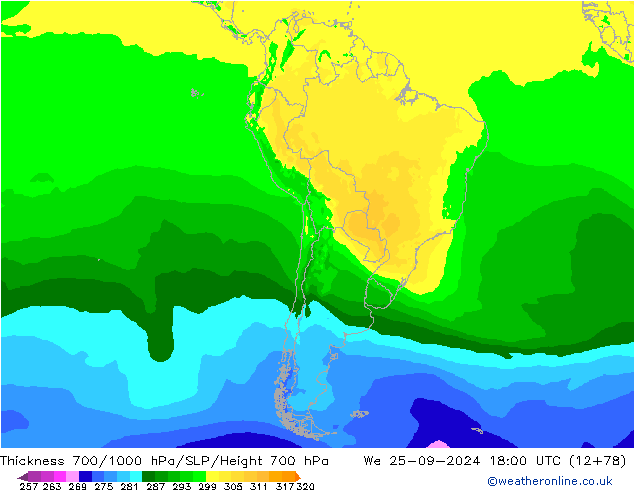 Dikte700-1000 hPa ARPEGE wo 25.09.2024 18 UTC