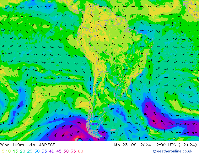 Vento 100m ARPEGE lun 23.09.2024 12 UTC