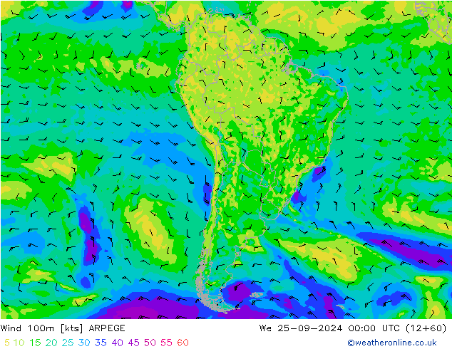 Wind 100m ARPEGE Mi 25.09.2024 00 UTC