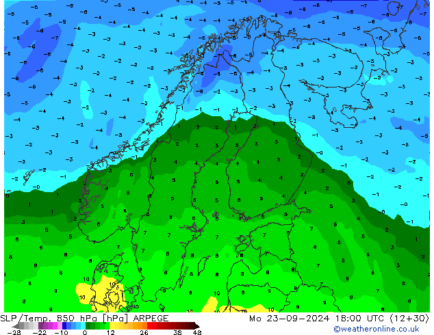 SLP/Temp. 850 hPa ARPEGE Mo 23.09.2024 18 UTC