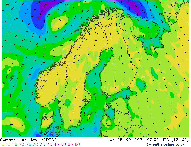 Surface wind ARPEGE St 25.09.2024 00 UTC