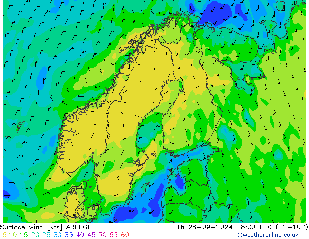 风 10 米 ARPEGE 星期四 26.09.2024 18 UTC