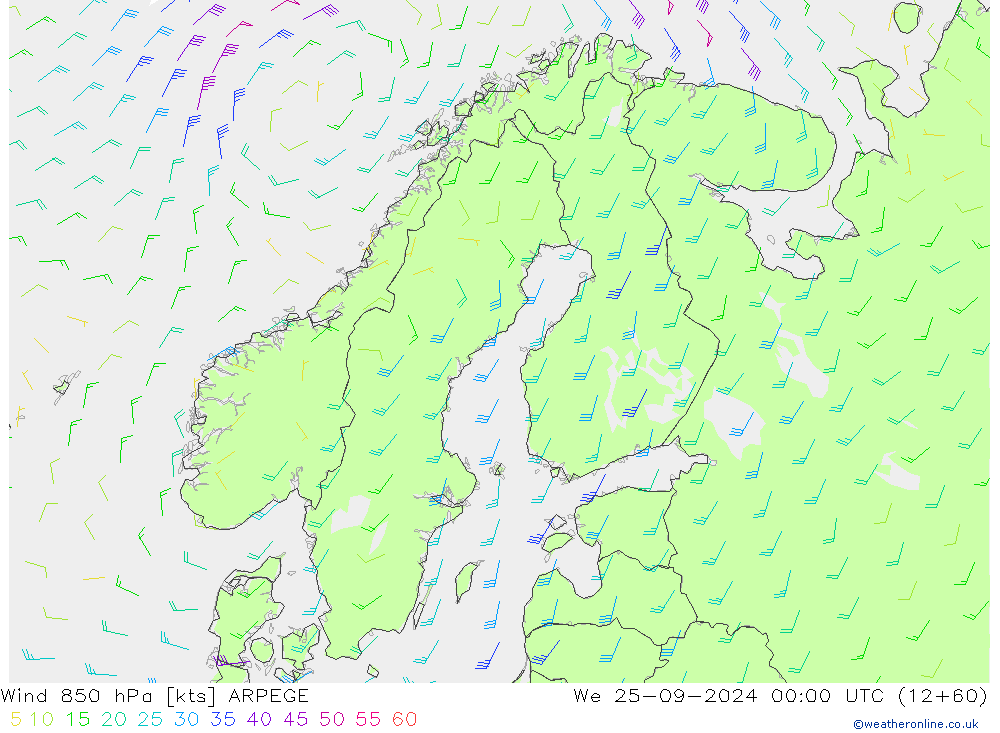 Vento 850 hPa ARPEGE mer 25.09.2024 00 UTC