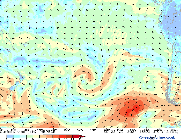 Vento 10 m (bft) ARPEGE dom 22.09.2024 18 UTC