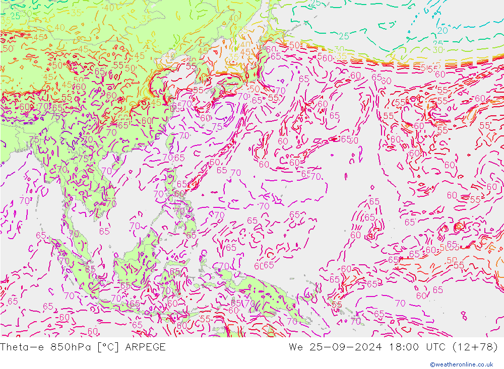 Theta-e 850hPa ARPEGE Qua 25.09.2024 18 UTC