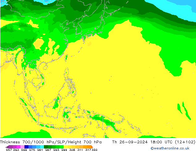 Dikte700-1000 hPa ARPEGE do 26.09.2024 18 UTC