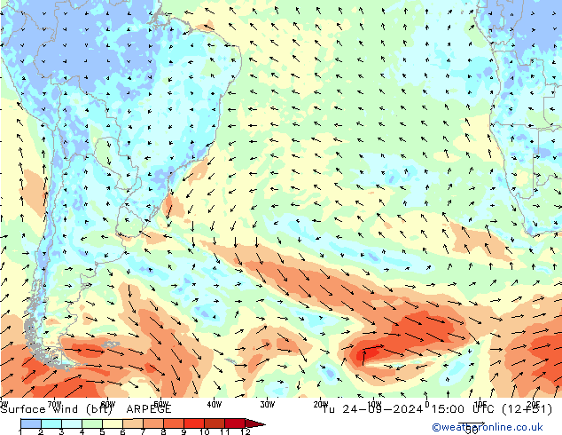 Rüzgar 10 m (bft) ARPEGE Sa 24.09.2024 15 UTC