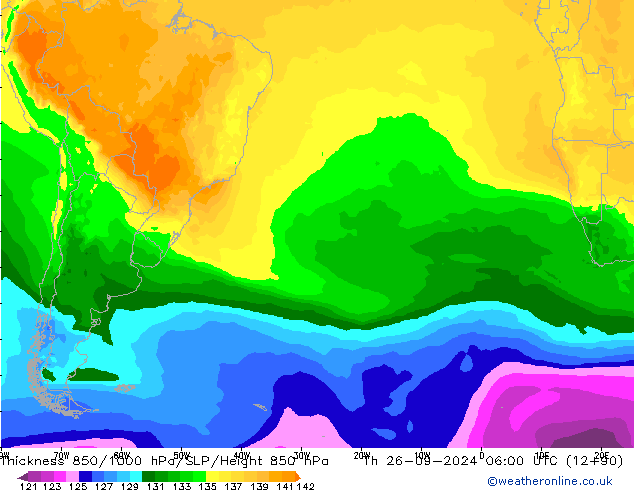 Espesor 850-1000 hPa ARPEGE jue 26.09.2024 06 UTC