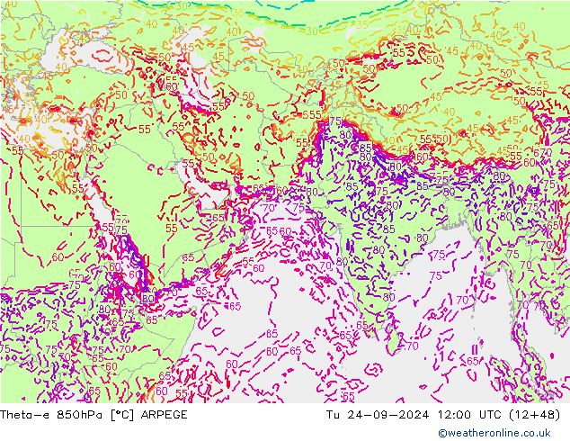 Theta-e 850гПа ARPEGE вт 24.09.2024 12 UTC