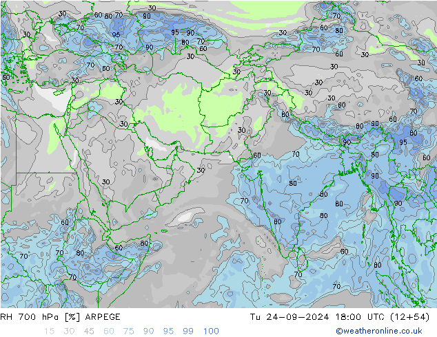 RH 700 hPa ARPEGE Ter 24.09.2024 18 UTC