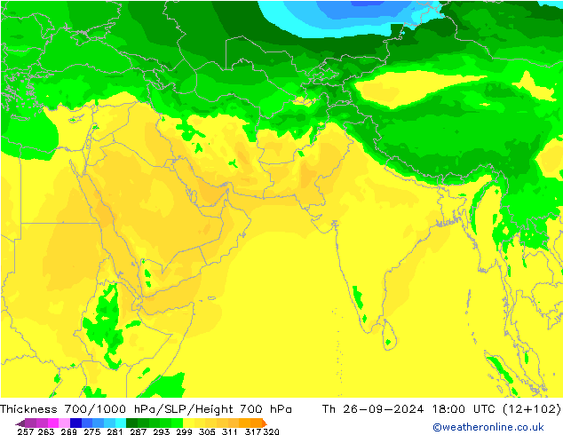 Thck 700-1000 hPa ARPEGE 星期四 26.09.2024 18 UTC