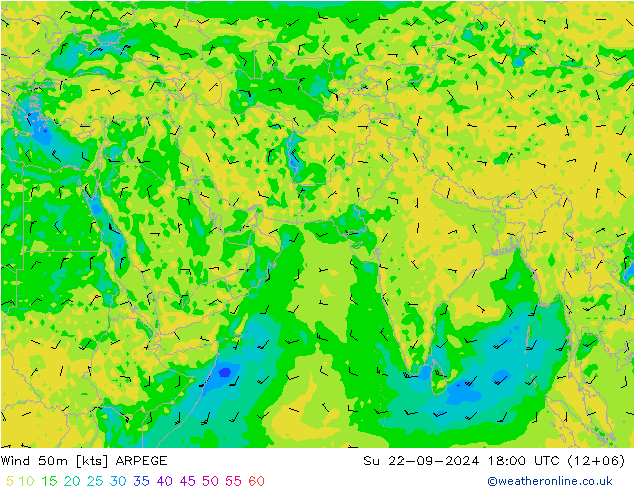 Wind 50m ARPEGE Su 22.09.2024 18 UTC