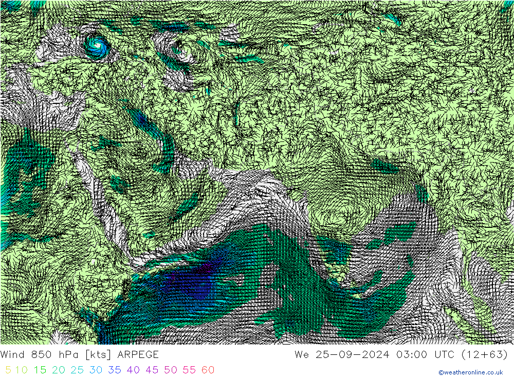 Vento 850 hPa ARPEGE Qua 25.09.2024 03 UTC