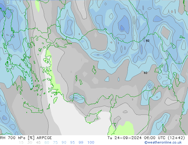 RH 700 hPa ARPEGE Út 24.09.2024 06 UTC