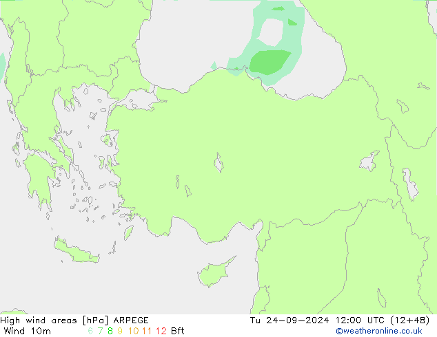 High wind areas ARPEGE Út 24.09.2024 12 UTC